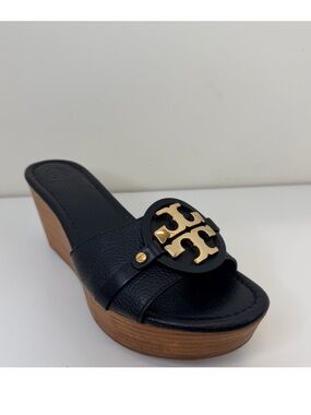 Tory Burch Black Leather "Patti 3" Mid Wedge Slide Size 9.5 LOGO preppy